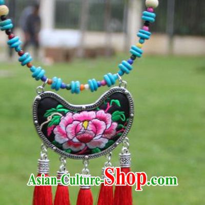 Chinese Traditional Accessories Yunnan Minority Embroidered Peony Black Necklace for Women