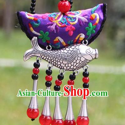 Chinese Traditional Accessories Yunnan Minority Embroidered Purple Sliver Fish Necklace for Women