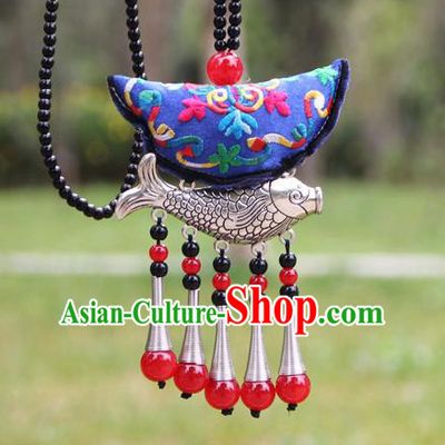 Chinese Traditional Accessories Yunnan Minority Embroidered Blue Sliver Fish Necklace for Women