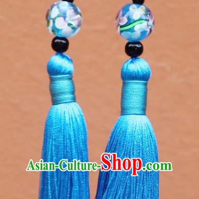 Chinese Traditional Blue Tassel Earrings Yunnan National Minority Colored Glaze Eardrop for Women