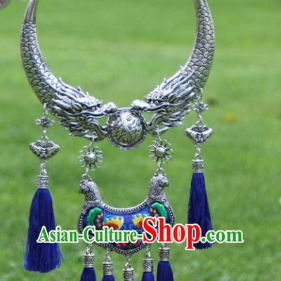 Chinese Traditional Ethnic Accessories Yunnan Miao Minority Blue Tassel Embroidered Necklace for Women