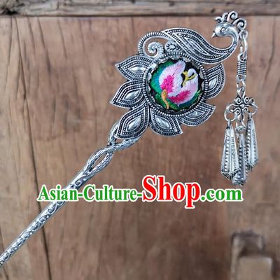 Chinese Traditional Ethnic Hair Accessories Ancient Pink Embroidered Peacock Hairpins for Women