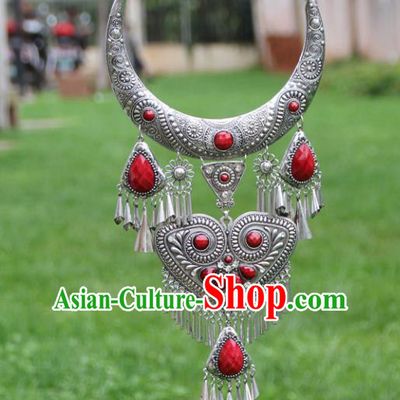 Chinese Traditional Yunnan Miao Minority Carving Sliver Red Necklace Ethnic Tassel Accessories for Women