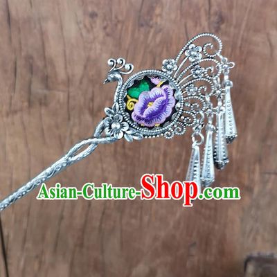 Chinese Traditional Ethnic Hair Accessories Ancient Embroidered Purple Peony Peacock Hairpins for Women