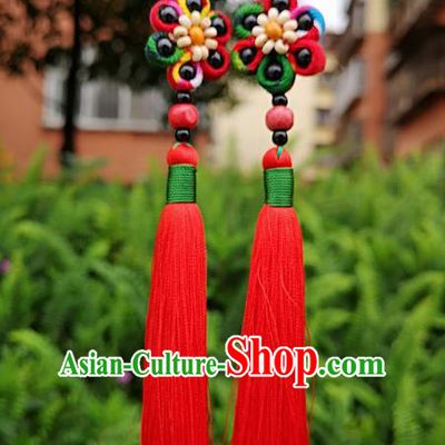 Chinese Traditional Ethnic Earrings Yunnan National Red Tassel Ear Accessories for Women