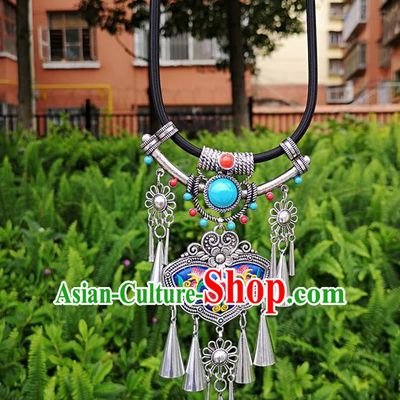 Chinese Traditional Miao Minority Embroidered Blue Necklace Ethnic Tassel Accessories for Women