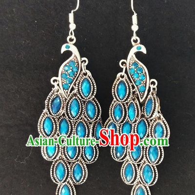 Chinese Traditional Ethnic Earrings Yunnan National Blue Crystal Peacock Ear Accessories for Women