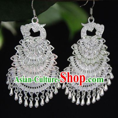 Chinese Traditional Ethnic Argent Peacock Earrings Yunnan National Ear Accessories for Women