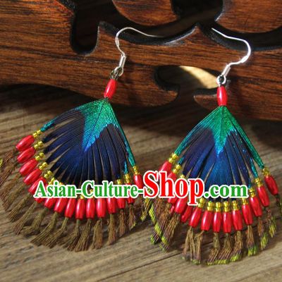 Chinese Traditional Ethnic Red Beads Feather Earrings National Ear Accessories for Women