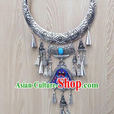 Chinese Traditional Minority Embroidered Blue Carving Necklace Ethnic Folk Dance Accessories for Women