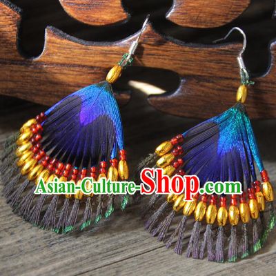 Chinese Traditional Ethnic Golden Beads Feather Earrings National Ear Accessories for Women