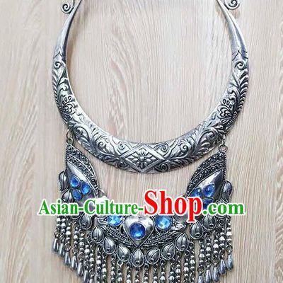 Chinese Traditional Miao Minority Blue Crystal Longevity Lock Necklace Ethnic Folk Dance Accessories for Women