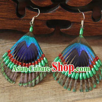 Chinese Traditional Ethnic Green Beads Feather Earrings National Ear Accessories for Women