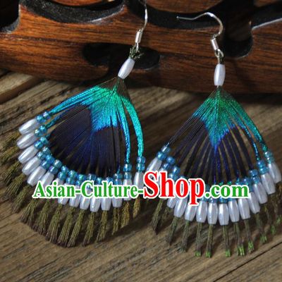 Chinese Traditional Ethnic White Beads Feather Earrings National Ear Accessories for Women