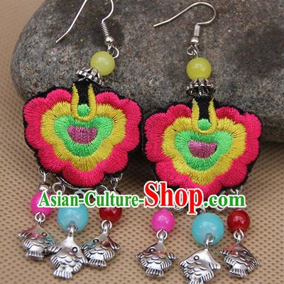 Chinese Traditional Ethnic Rosy Embroidered Earrings National Ear Accessories for Women