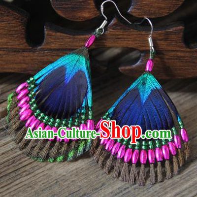 Chinese Traditional Ethnic Rosy Beads Feather Earrings National Ear Accessories for Women