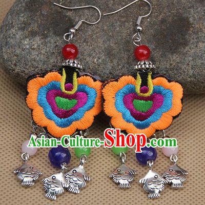 Chinese Traditional Ethnic Orange Embroidered Earrings National Ear Accessories for Women