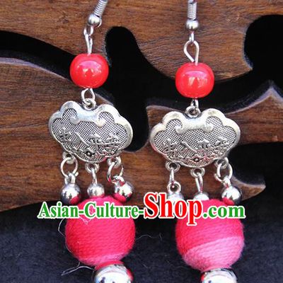 Chinese Traditional Ethnic Red Venonat Longevity Lock Earrings National Ear Accessories for Women