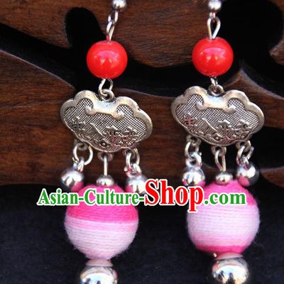 Chinese Traditional Ethnic Pink Venonat Longevity Lock Earrings National Ear Accessories for Women