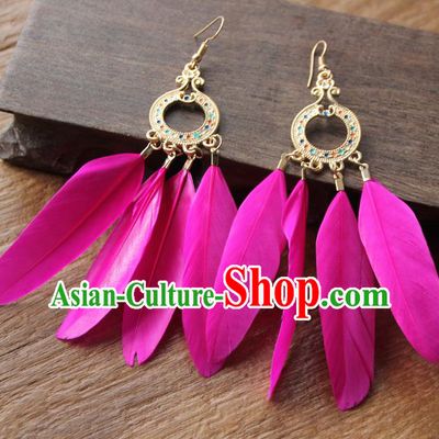 Chinese Traditional Ethnic Rosy Feather Earrings National Ear Accessories for Women