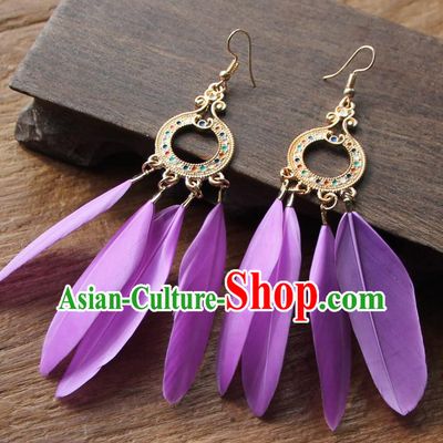 Chinese Traditional Ethnic Purple Feather Earrings National Ear Accessories for Women