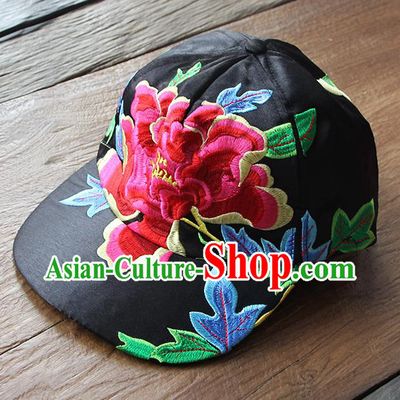 Chinese Traditional Embroidered Red Peony Baseball Cap Yunnan Minority Black Hat for Women