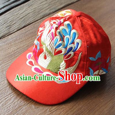 Chinese Traditional Embroidered Peacock Red Baseball Cap Yunnan Minority Hat for Women