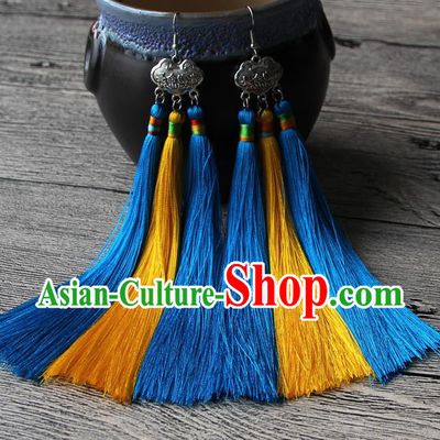Chinese Traditional Ethnic Yellow and Blue Tassel Earrings National Longevity Lock Ear Accessories for Women