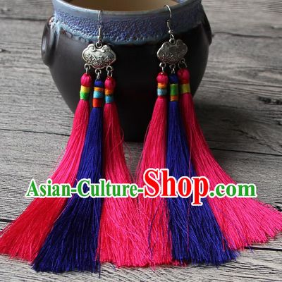 Chinese Traditional Ethnic Pink and Purple Tassel Earrings National Longevity Lock Ear Accessories for Women