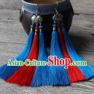 Chinese Traditional Ethnic Red and Blue Tassel Earrings National Longevity Lock Ear Accessories for Women