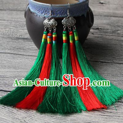 Chinese Traditional Ethnic Red and Green Tassel Earrings National Longevity Lock Ear Accessories for Women