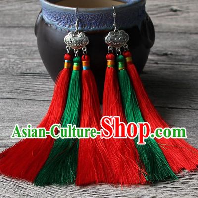 Chinese Traditional Ethnic Green and Red Tassel Earrings National Longevity Lock Ear Accessories for Women