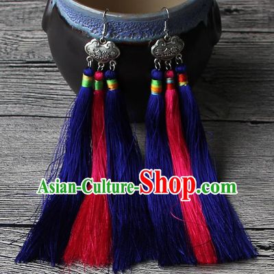 Chinese Traditional Ethnic Royalblue and Pink Tassel Earrings National Longevity Lock Ear Accessories for Women