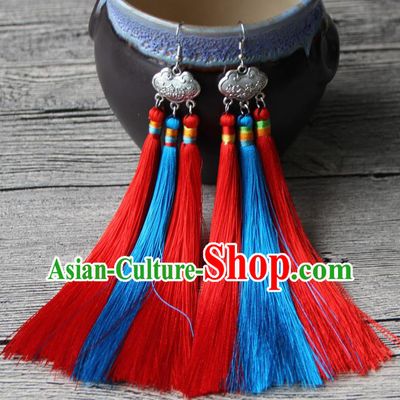 Chinese Traditional Ethnic Red and Blue Tassel Earrings National Longevity Lock Ear Accessories for Women