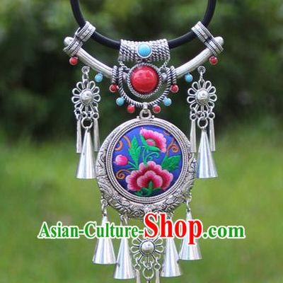Chinese Traditional Minority Embroidered Peony Blue Necklace Ethnic Folk Dance Accessories for Women