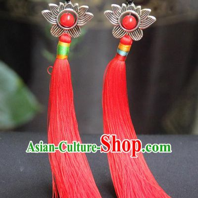 Chinese Traditional Ethnic Red Tassel Lotus Earrings National Ear Accessories for Women