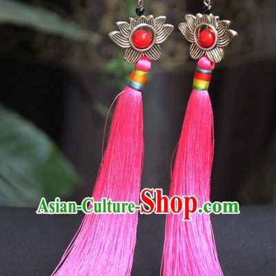 Chinese Traditional Ethnic Pink Tassel Lotus Earrings National Ear Accessories for Women