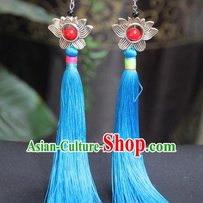 Chinese Traditional Ethnic Blue Tassel Lotus Earrings National Ear Accessories for Women