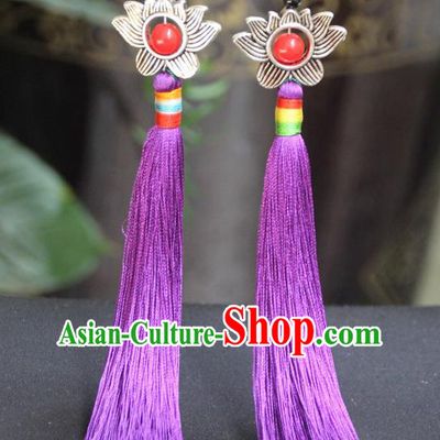 Chinese Traditional Ethnic Purple Tassel Lotus Earrings National Ear Accessories for Women