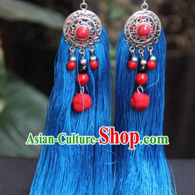 Chinese Traditional Ethnic Earrings National Blue Tassel Ear Accessories for Women