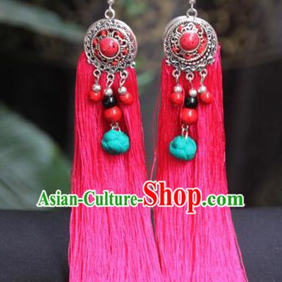 Chinese Traditional Ethnic Earrings National Pink Tassel Ear Accessories for Women