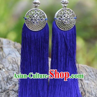 Chinese Traditional Ethnic Bride Earrings National Royalblue Tassel Ear Accessories for Women