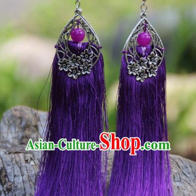 Chinese Traditional National Ethnic Bride Earrings Purple Tassel Ear Accessories for Women