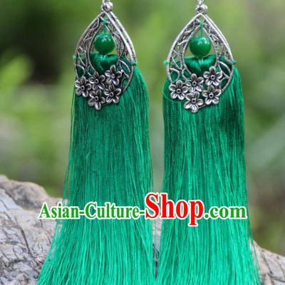 Chinese Traditional National Ethnic Bride Earrings Green Tassel Ear Accessories for Women