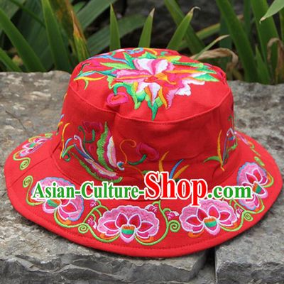 Chinese Traditional National Embroidered Peony Red Hat for Women