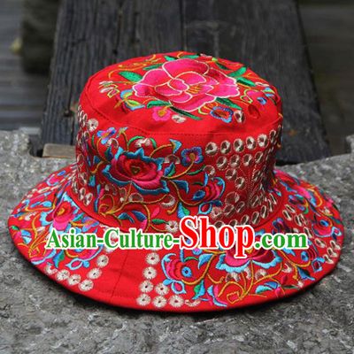 Chinese Traditional National Handmade Embroidered Peony Red Hat for Women