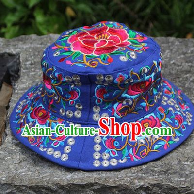 Chinese Traditional National Handmade Embroidered Peony Blue Hat for Women