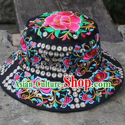 Chinese Traditional National Handmade Embroidered Peony Black Hat for Women