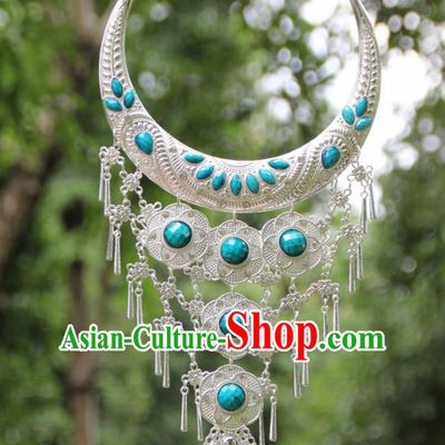 Chinese Traditional National Jewelry Accessories Ethnic Tassel Blue Necklace for Women
