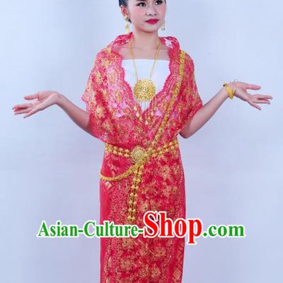 Asian Traditional Thailand Costumes National Handmade Embroidered Red Dress for Women
